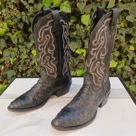 Nocona Full Quill Ostrich Western Boots Size 9.5 D Black/Red - Picture 4 of 12